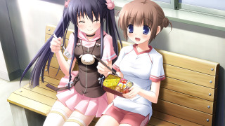Anime girls bench eating food - a plate of food free wallpaper