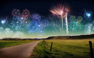 Fireworks sky road field fence 3 - a bunch of fireworks free wallpaper