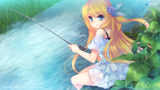 Girl fishing lake waterfall longhair - long hair holding free wallpaper