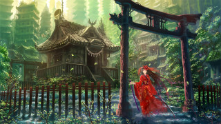 Woman red dress walking forest - eishōsai chōki free wallpaper