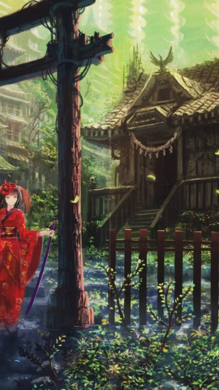 Woman red dress sword building - a detailed matte painting free wallpaper