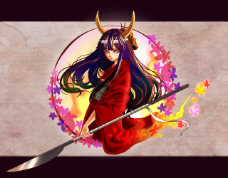 Woman horns sword circle flowers - a circle free wallpaper