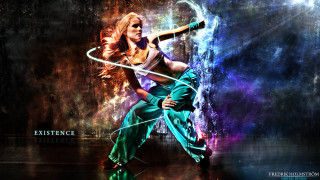Woman sword dress posing waterfall - energetic free wallpaper