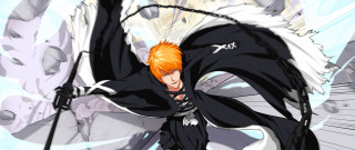 Orange hair sword wear black - white wing free wallpaper