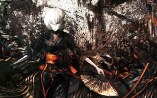 White hair black outfit bird - neoexpressionism free wallpaper