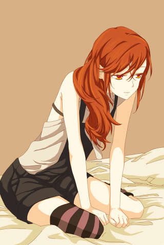 Red haired girl sitting bed - a bed free wallpaper