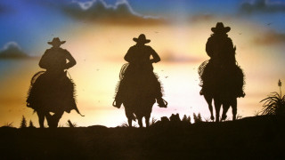 Cowboys silhouettes horseback sunset sky - western free wallpaper