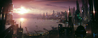 Futuristic city tall buildings sunset - star citizen halo free wallpaper