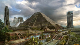 Futuristic city pyramid waterfall cloudy - matte painting concept art free wallpaper