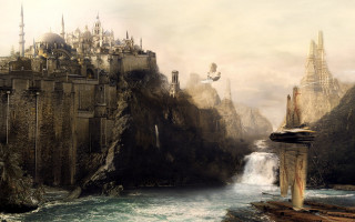Castle mountain valley waterfall bird - matte fantasy painting free wallpaper