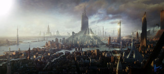 Futuristic city tall buildings water - cedric peyravernay free wallpaper