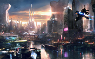 Futuristic city robot night skyline - matte painting concept art free wallpaper