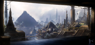 Futuristic city tall buildings smoke - craig mullins free wallpaper