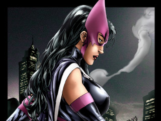 Woman cat suit city skyline - her mouth and a cigarette free wallpaper