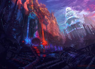 Futuristic city clock tower clouds - anton fadeev free wallpaper