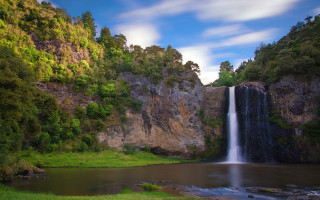 Waterfall lake forest blue sky - david martin free wallpaper for desktop