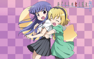 Anime girls hugging checkered background - background free wallpaper