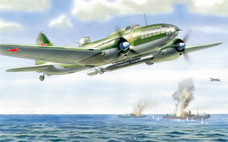 Green airplane flying boat ocean - matte drawing free wallpaper