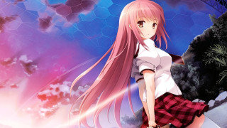 Pink haired girl purple sky - background free wallpaper