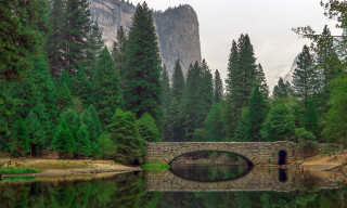 Bridge lake trees mountains background - a mountain in the distance free wallpaper