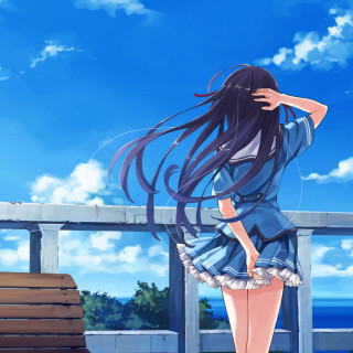Girl long hair balcony ocean - the ocean free wallpaper