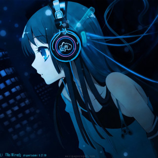 Girl headphones dark city background - computer art free wallpaper