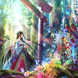 Woman blue dress walking forest - a detailed matte painting free wallpaper