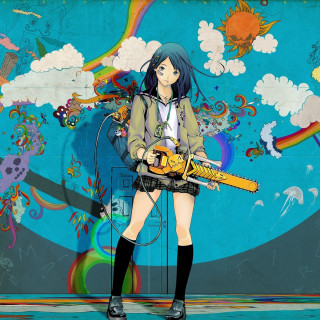 Girl chainsaw mural rainbow background - a wall free wallpaper