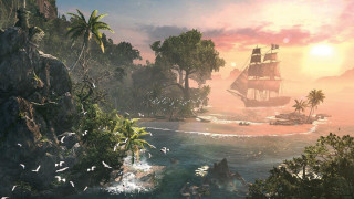 Pirate ship tropical island sunset - tropical free wallpaper