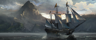 Boat sailing ocean mountains clouds - matte painting concept art free wallpaper