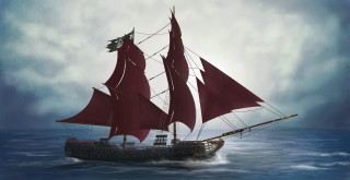 Boat red sails ocean cloudy - concept art free wallpaper