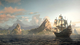 Ship ocean mountain range sky - fantasy art free wallpaper