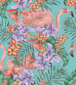 Flamingo flowers bamboo leaves lotus - a green background free wallpaper
