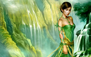 Woman green dress waterfall behind - a painting of a woman free wallpaper