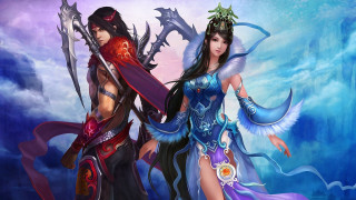 Fantasy costumes women blue sky - two woman free wallpaper