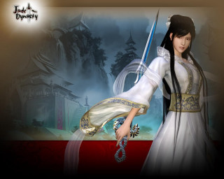Woman white dress sword red 2 - a building and trees free wallpaper