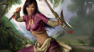 Woman pink outfit holding swords - her other hand free wallpaper