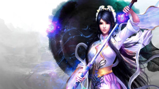 Woman white dress sword purple 4 - a white dress holding free wallpaper