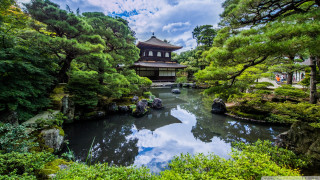 Pond pagoda trees cloudy sky - eishōsai chōki free wallpaper