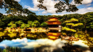 Pagoda forest pond rocks view - eishōsai chōki free wallpaper