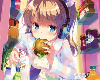 Girl headphones eating burger kitchen - hint of yayoi kasuma free wallpaper
