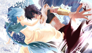 Anime characters fighting hands together - their face free wallpaper