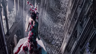 Woman dress flowers head ledge - a ledge free wallpaper