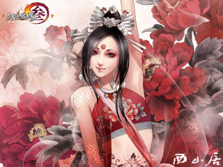 Woman red dress flower hair 3 - digital painting free wallpaper
