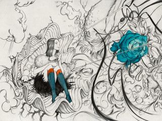 Woman blue rose hand drawing - illustration free wallpaper