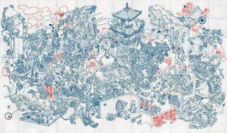 Drawing red ink blue background - line drawing free wallpaper
