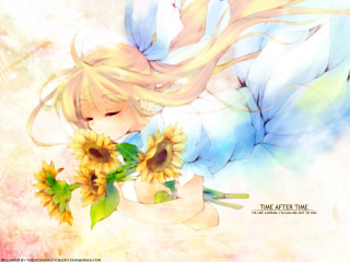 Girl blonde hair sunflowers blue - background free wallpaper