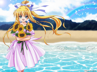 Girl long hair sunflowers standing - the water near a beach free wallpaper