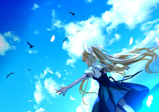 Woman blue dress flying birds - blue sky free wallpaper