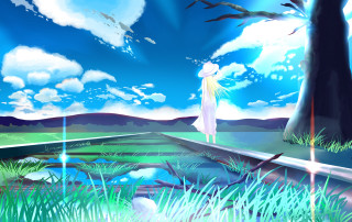 Woman bridge sky water tree - below free wallpaper